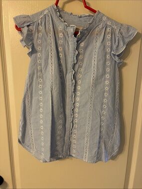 LOFT Light Blue & White Striped Eyelet Ruffle Sleeveless Top